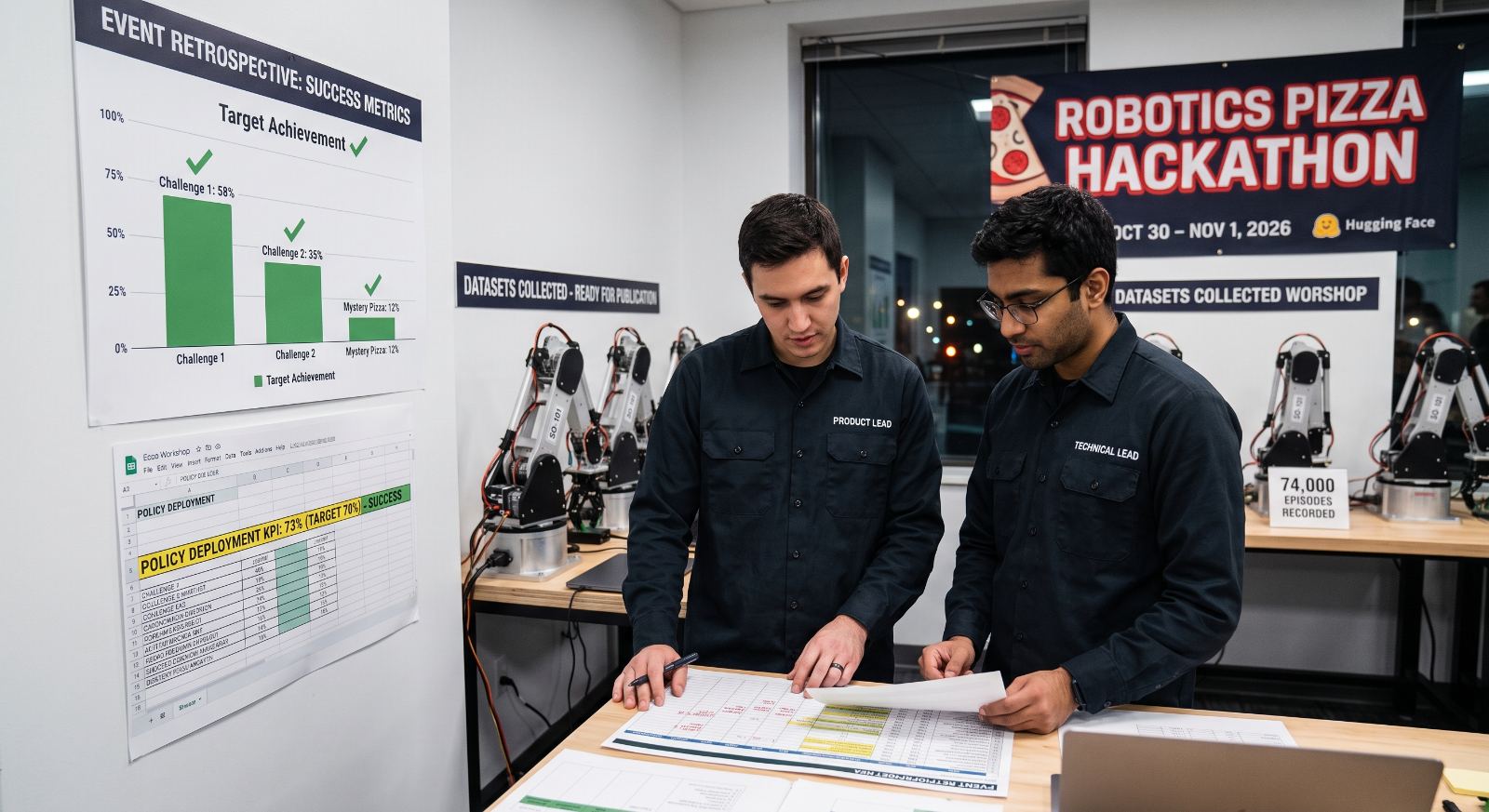 Organizers reviewing event metrics beside a row of SO-101 arms