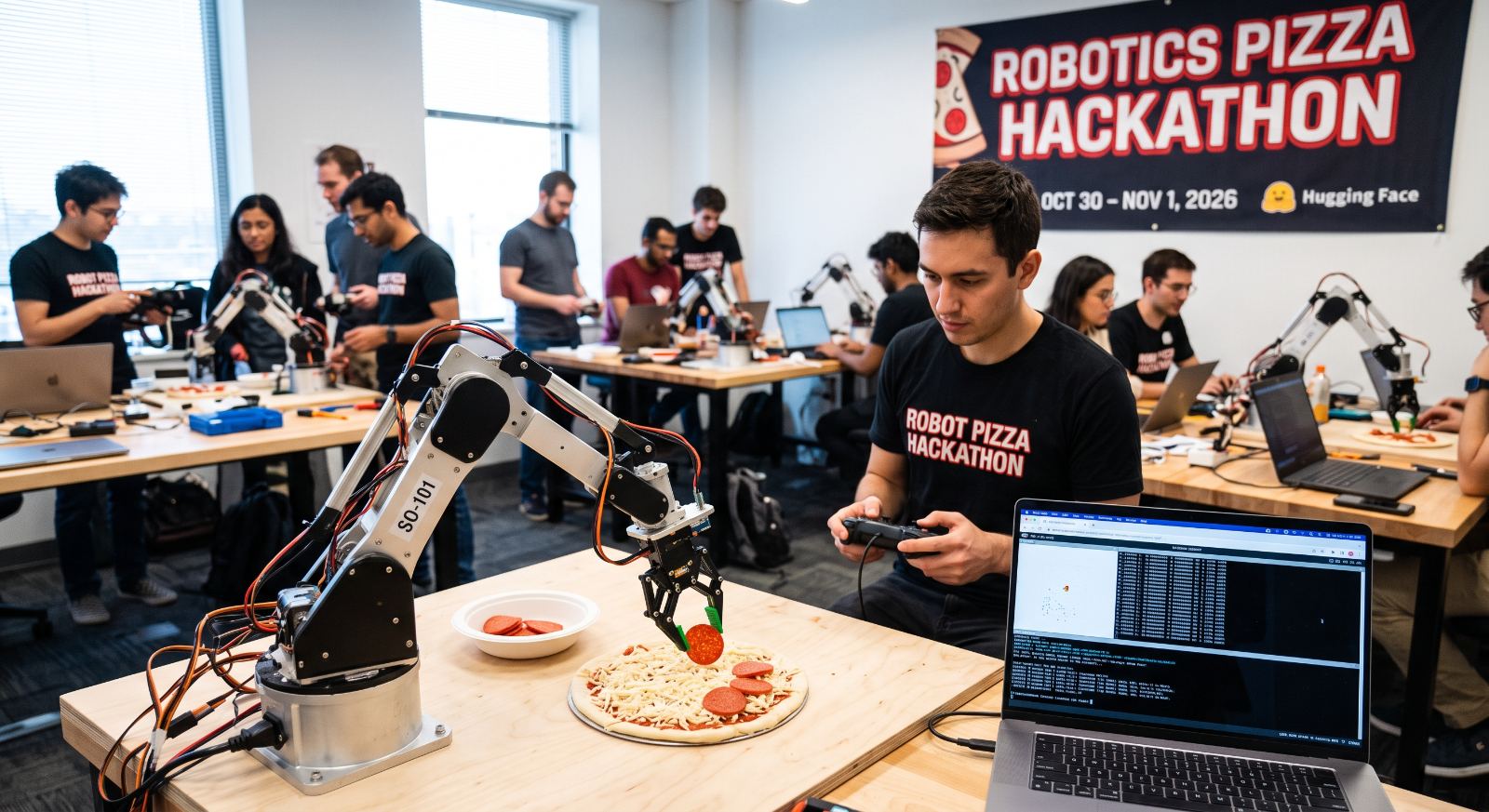 Hackathon floor with teams and SO-101 arms