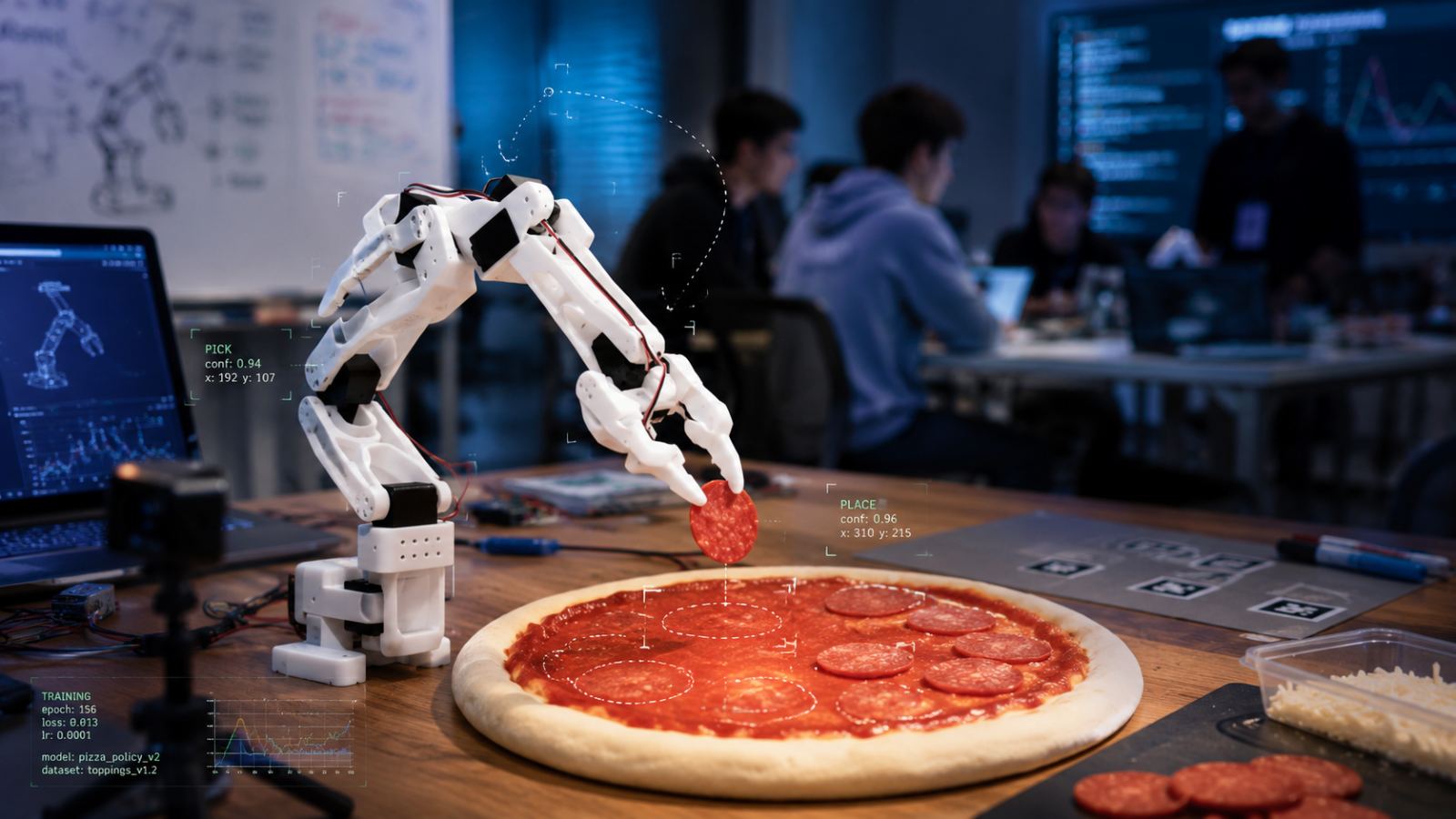 SO-101 arm placing pepperoni on a pizza during the hackathon